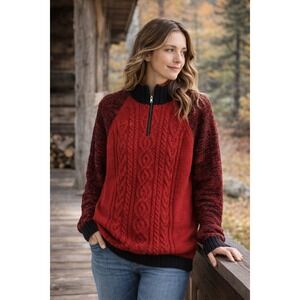 Cotton Country XL Cable Knit Sweater Red Black 1/4 Zip Cozy Classic Cottagecore